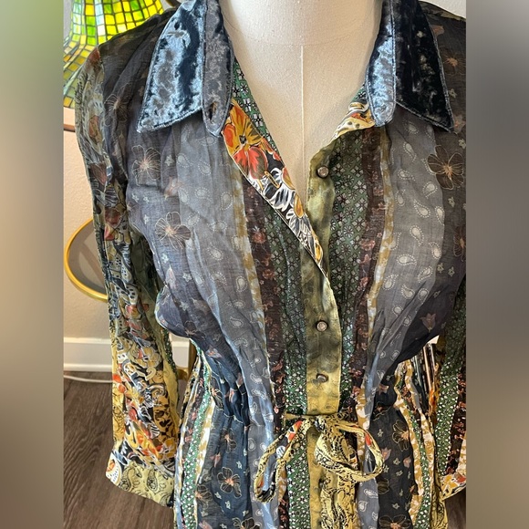 Aratta Patchwork Veltvet Collar Button Down Long Sleeve Midi Dress - Picture 4 of 6